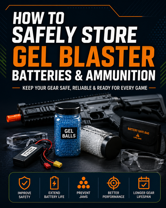 How to safely store gel blaster batteries and ammunition?